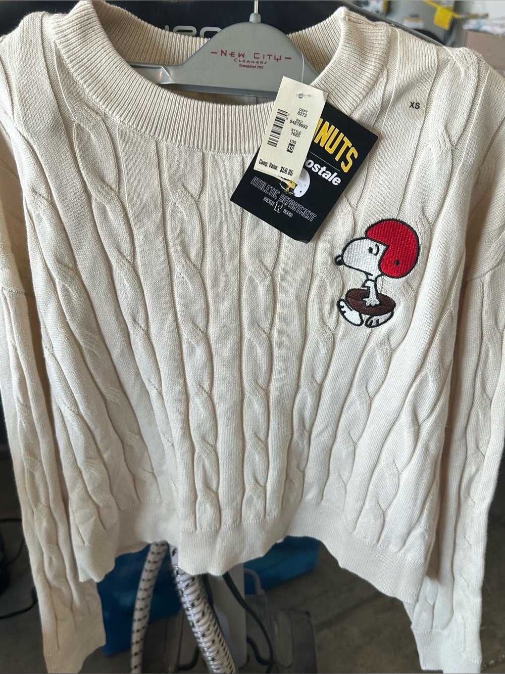 Aeropostale Cream Cable Knit Crew Sweater with Red Snoopy Patch